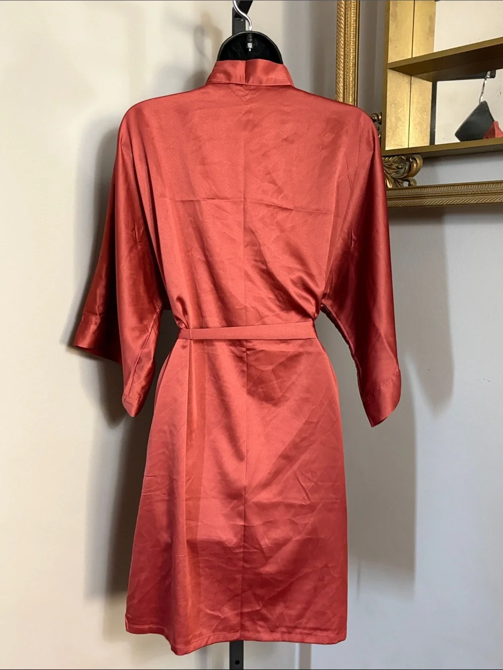 AW Bridal Small Cinnamon Satin Wrap Kimono Robe with Waist Tie